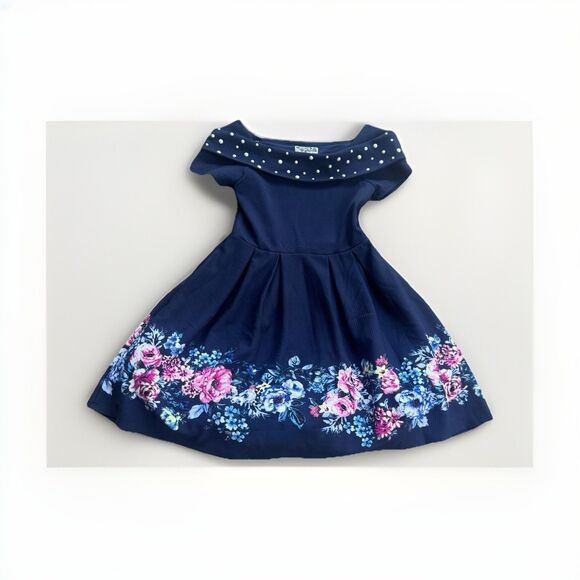 Knitworks Navy Floral Print Dress For Girls 14 or Women Size S with Pearls - Picture 13 of 14